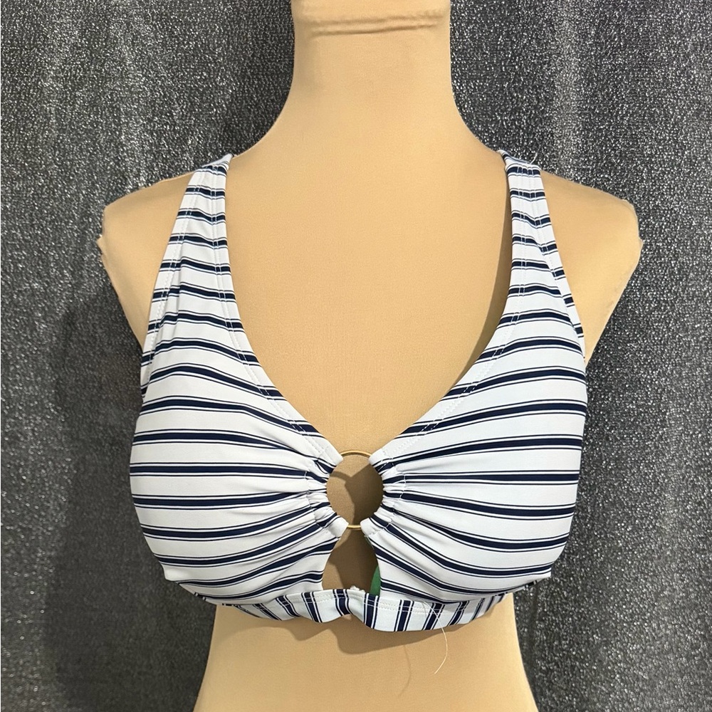 Striped Tie-Back Bikini Top in White & Navy